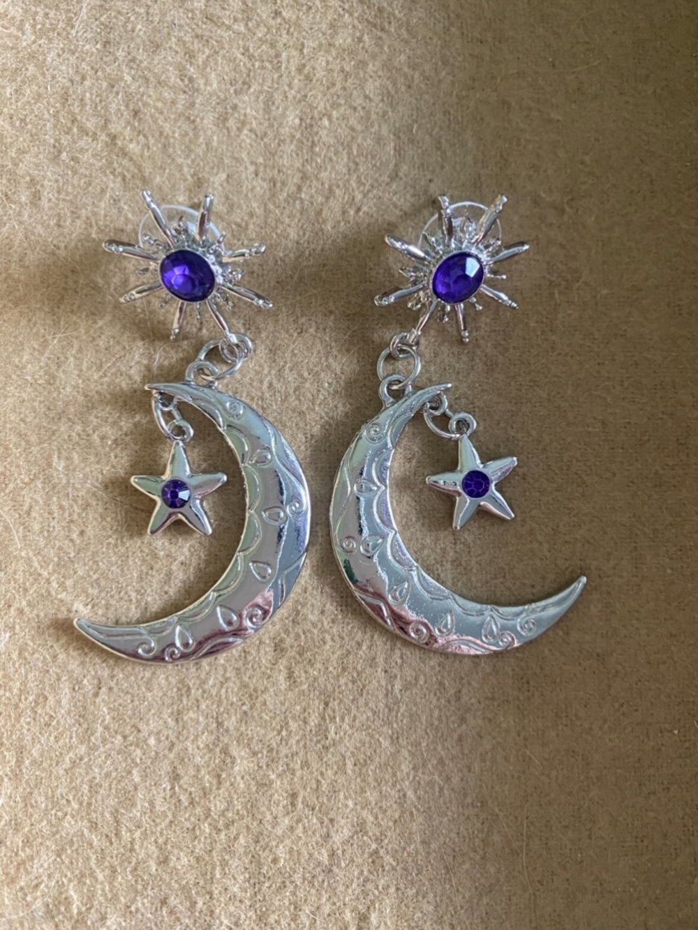 Silver Crescent Moon & Star Drop Earrings with Purple Stones